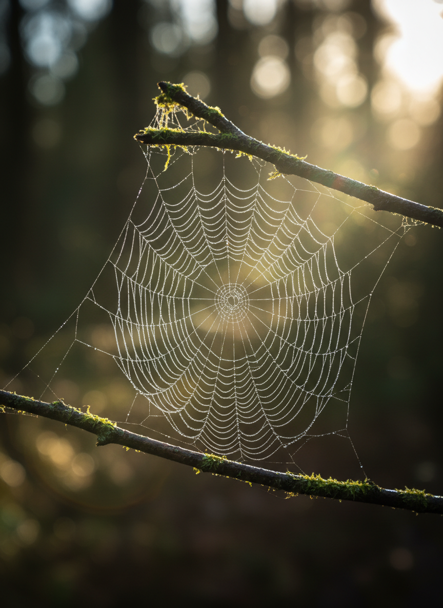 An intricate spiderweb stretched between two slender, mossy twigs in a shaded woodland corner, every silk strand beaded with tiny raindrops that catch the light like a string of pearls. The background is a rich tapestry of blurred dark greens, browns, and soft, muted highlights from sun filtering through dense leaves. A narrow shaft of late-afternoon sunlight cuts across the scene, illuminating the web’s center and creating a luminous halo effect, while the edges fall into soft shadow. Shot at close range with a macro lens and shallow depth of field, the composition centers the web’s geometric pattern, emphasizing symmetry and fine detail. The mood is quietly dramatic and contemplative, rendered in crisp, photographic realism suitable for an amateur nature photography gallery.