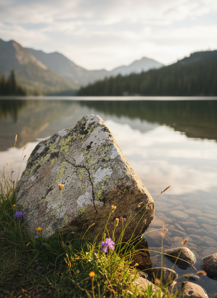 A lone, weathered granite boulder sitting at the edge of a calm mountain lake, its rough, speckled surface mottled with pale lichen and small fissures. Fine grass blades and tiny alpine flowers cluster at its base, bending slightly toward the water. The lake reflects distant pine-covered slopes and a faint, cloud-streaked sky, rendered softly out of focus. Warm golden hour sunlight grazes the rock from the side, carving subtle highlights into its texture and casting a crisp shadow across the shoreline pebbles. Captured from a low angle using the rule of thirds, the boulder anchors the frame while the landscape recedes into gentle blur. The photographic style is realistic and serene, evoking calm contemplation of untouched wilderness.