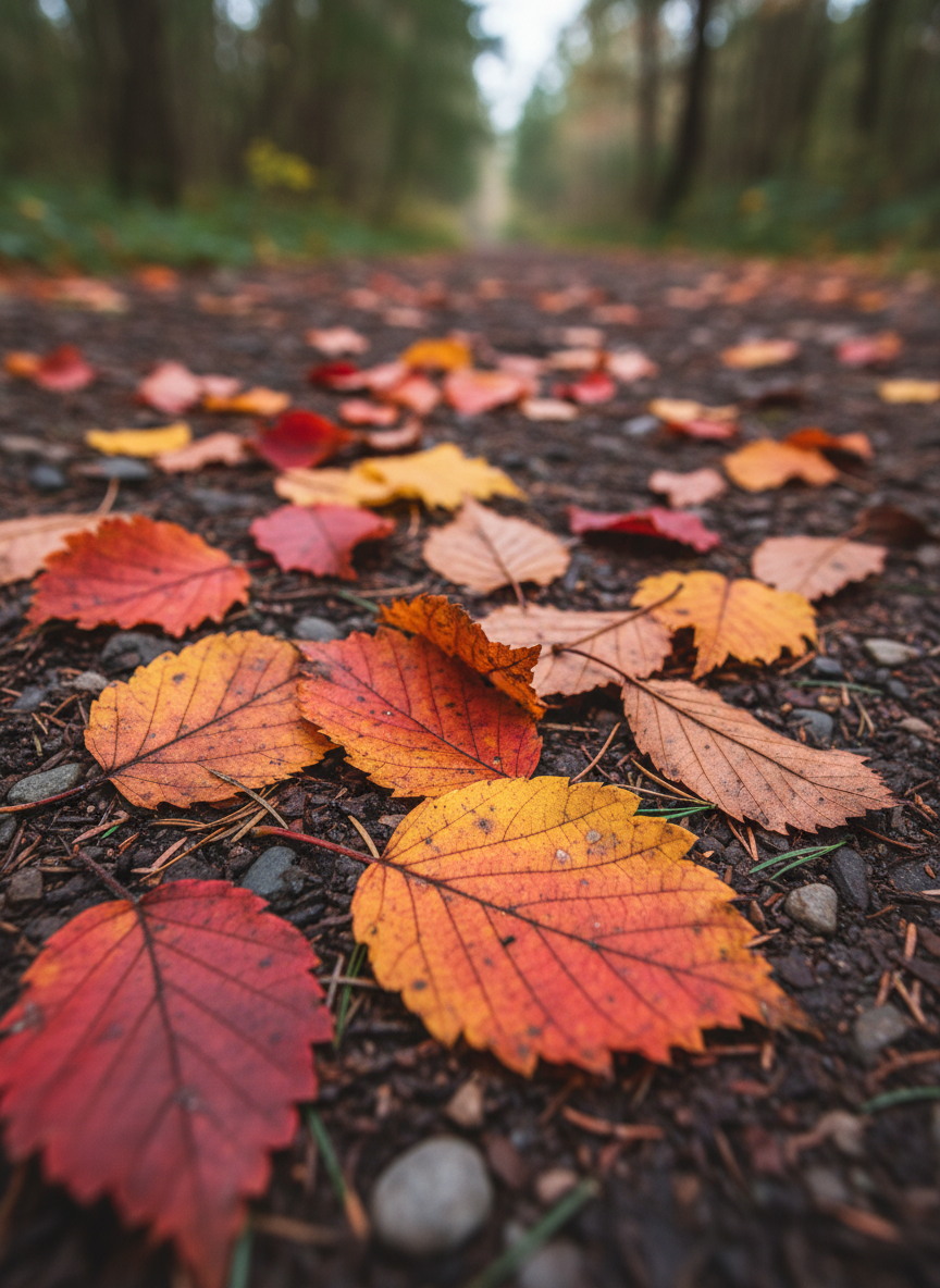 A cluster of vibrant autumn leaves resting on a damp, dark forest path, each leaf displaying a unique mosaic of crimson, burnt orange, and golden yellow with visible veins and curled, slightly torn edges. The ground beneath is rich with glistening soil, tiny stones, and scattered pine needles. Soft, overcast light from an unseen sky creates even illumination, enhancing the saturated colors and minimizing harsh shadows. Captured from a slightly elevated angle with a moderate depth of field, the foreground leaves are in razor-sharp focus while the path and receding forest blur into a gentle, textured background. The atmosphere is contemplative and nostalgic, evoking a quiet walk in the woods, portrayed in natural, photographic realism with a professional yet intimate aesthetic.
